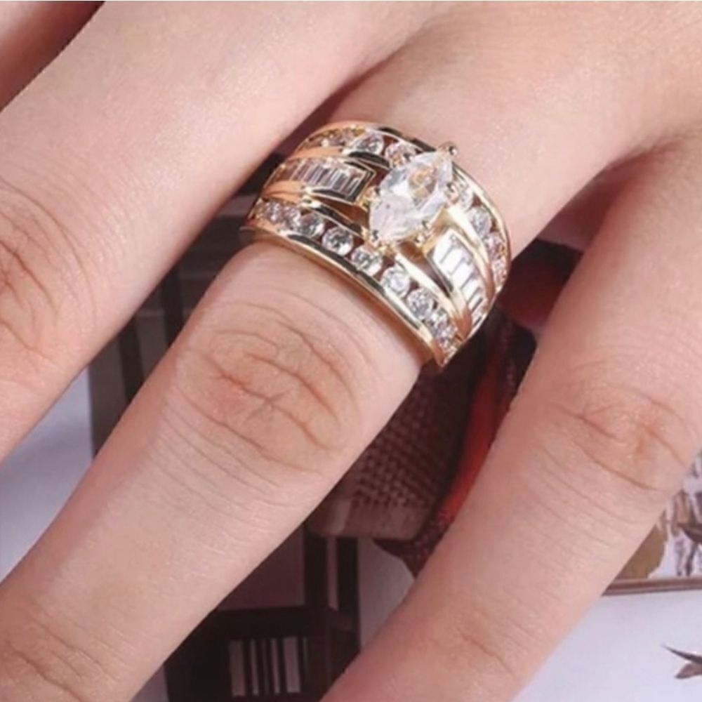 Sparkling Triple Row Gold CZ Ring